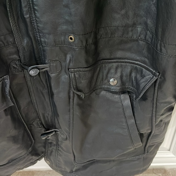 Teco men’s black Leather Jacket size XL biker 90s trench coat - Picture 6 of 16